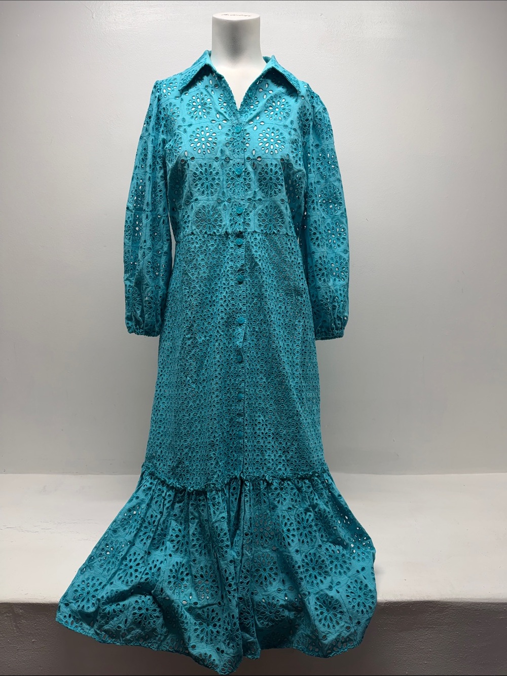 Luisa Spagnoli Dress Midi Eyelet Shirtdress 3/4 Sleeve Button Up Blue Medium